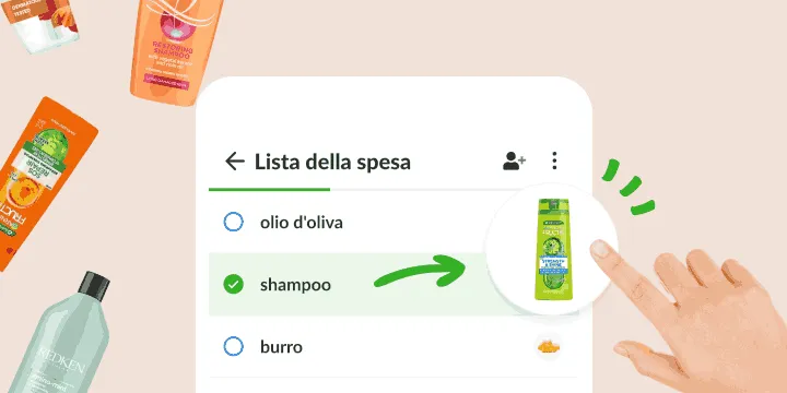 Lista della spesa in cui lo shampoo spuntato apre la foto del flacone esatto