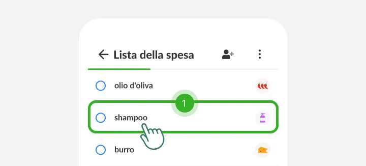 Un dito tocca lo shampoo tra olio d'oliva e burro su una lista della spesa