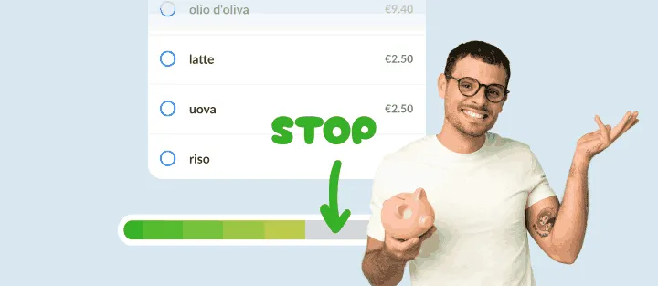 Uomo sorridente con salvadanaio, una lista e una barra di spesa quasi piena