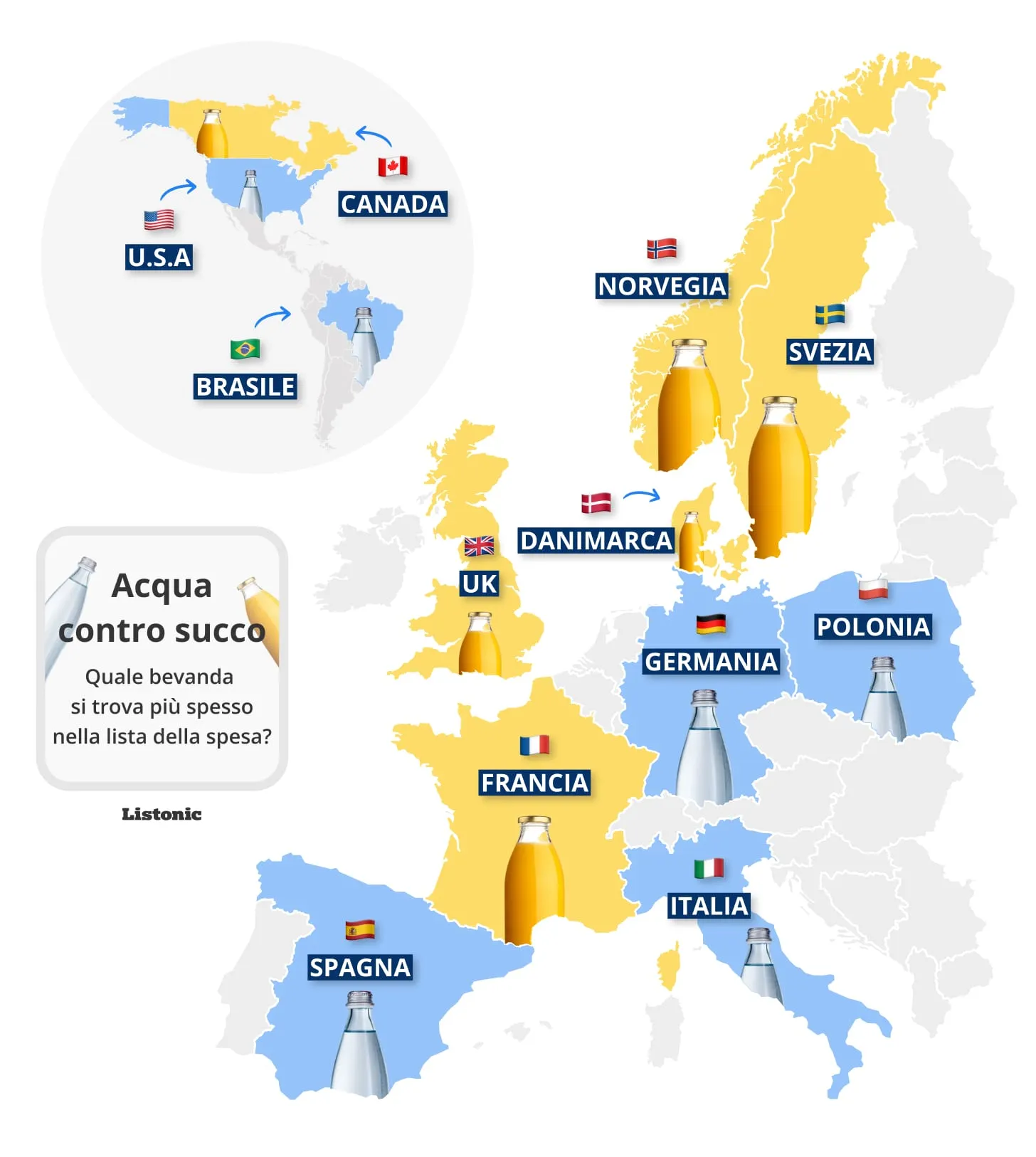 Mappa: in Italia nelle liste prevale l'acqua sul succo, in Francia il succo