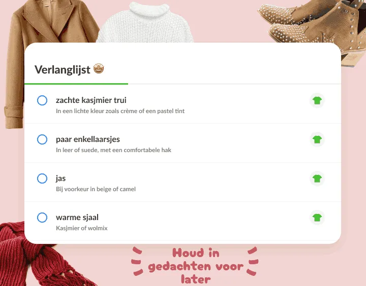 Verlanglijst met trui, laarsjes, jas en sjaal, met kledingfoto's eromheen
