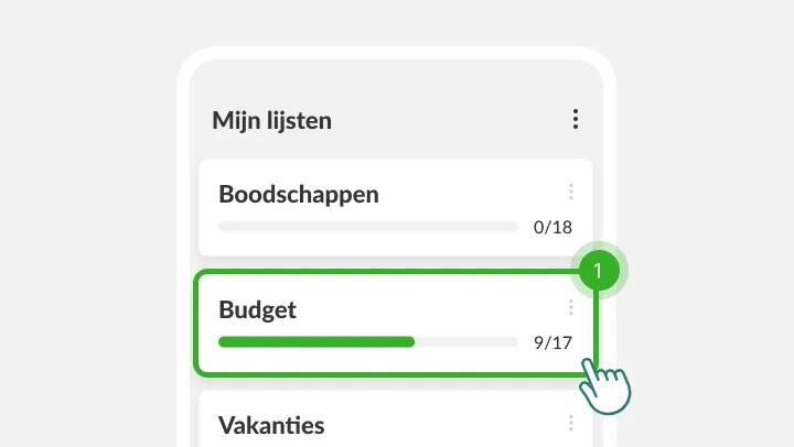 Scherm Mijn lijsten met de lijst Budget gemarkeerd onder een tikkende vinger
