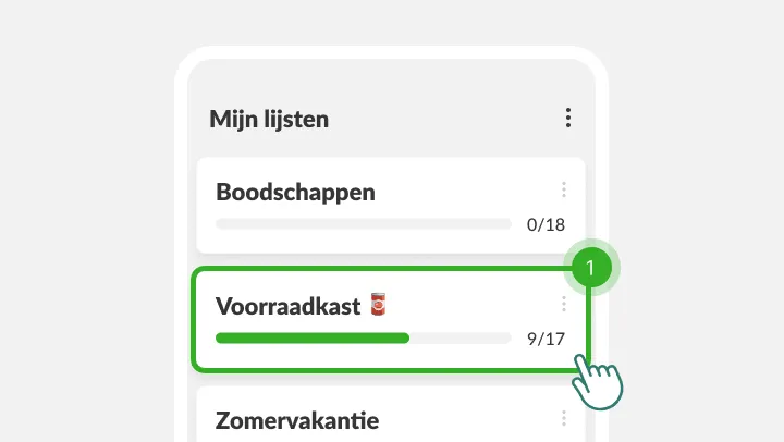 Mijn lijsten met de lijst Voorraadkast gemarkeerd onder een tikkende vinger