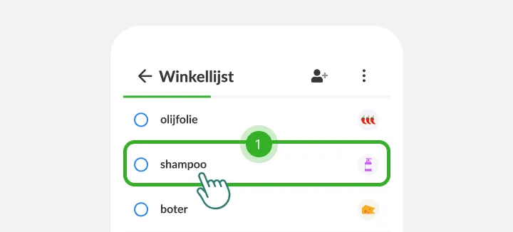 Een vinger tikt op shampoo tussen olijfolie en boter op een winkellijst