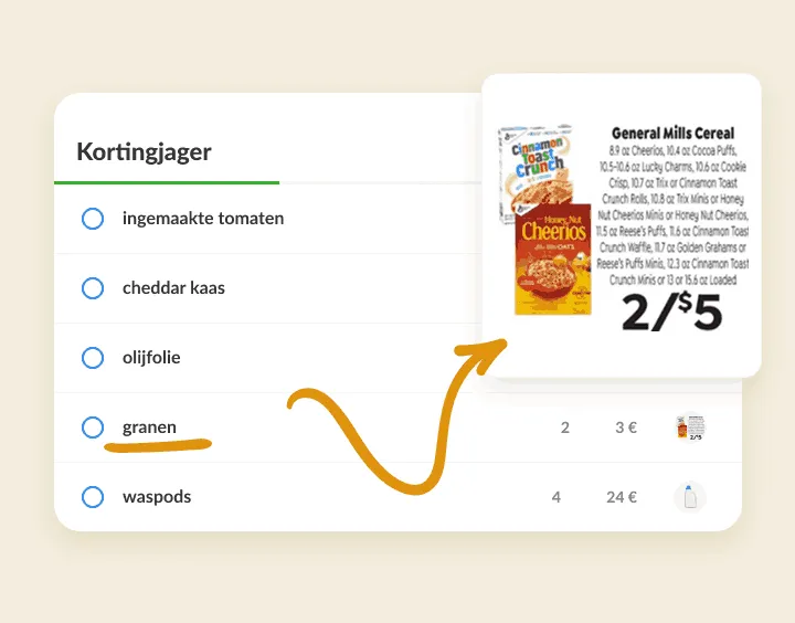 Granen op een kortingslijst, gekoppeld aan een folderknipsel met de aanbieding