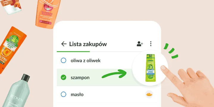 Lista zakupów, w której odhaczony szampon otwiera zdjęcie konkretnej butelki