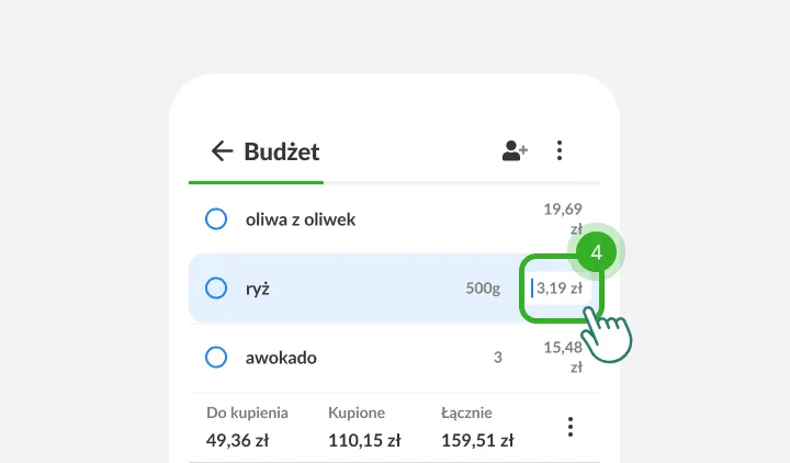 Palec stuka w pole ceny obok ryżu, a pod spodem widać sumy listy