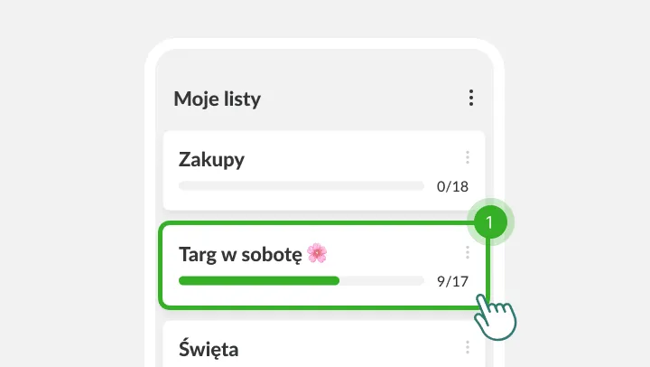 Ekran Moje listy z wyróżnioną listą Targ w sobotę, w którą stuka palec