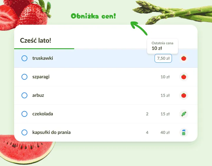 Letnia lista, na której truskawki mają niższą cenę niż ostatnio zapisana