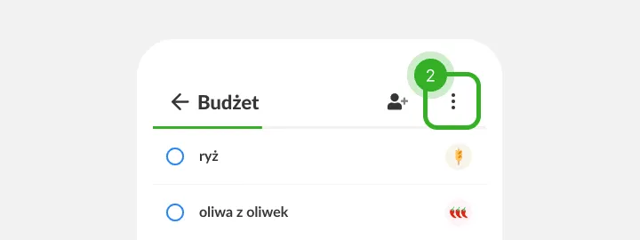 Nagłówek listy z wyróżnionym przyciskiem menu z trzema kropkami w górnym rogu