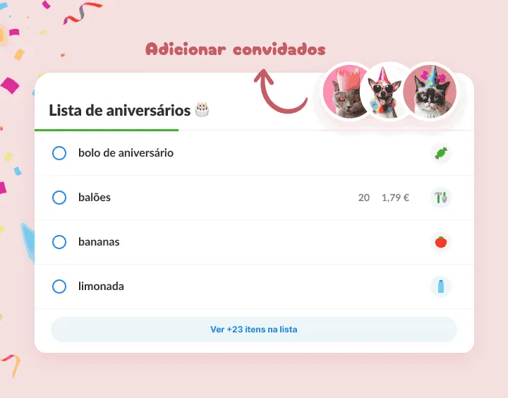 Lista de aniversários com bolo, balões e limonada e animais de chapéu de festa