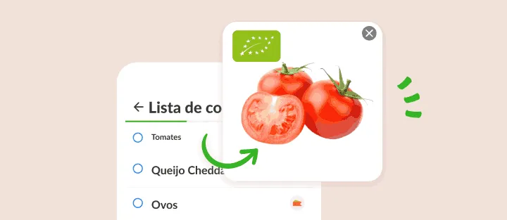Item tomates aberto numa foto de tomates com o logótipo biológico da UE