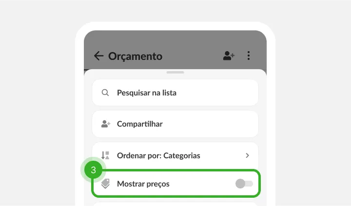 Menu da lista com busca, compartilhar, ordenar e a opção de preços desligada