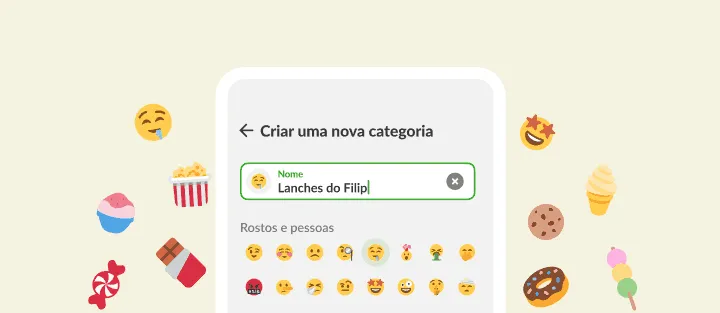 Tela de nova categoria com nome personalizado de lanches e emojis, entre doces