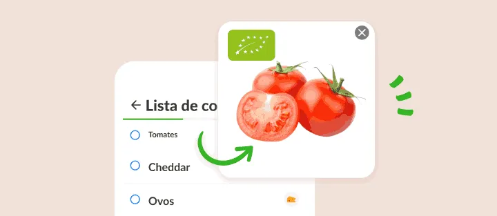 Item tomates aberto em uma foto de tomates com o selo orgânico da UE