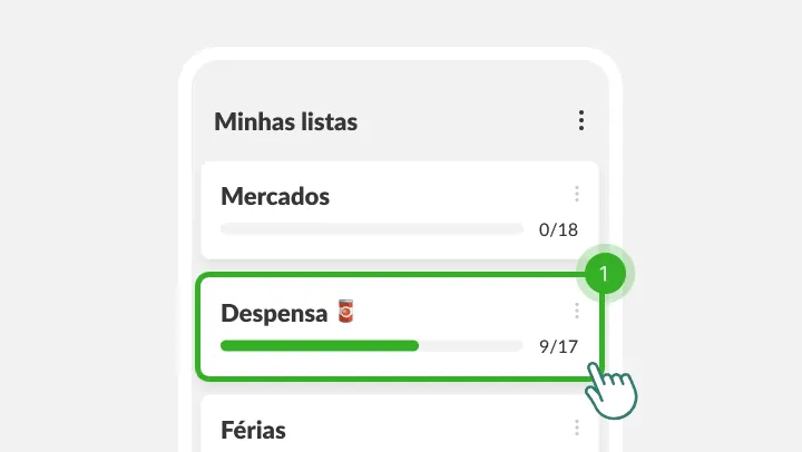 Tela Minhas listas com a lista Despensa em destaque sob um dedo tocando