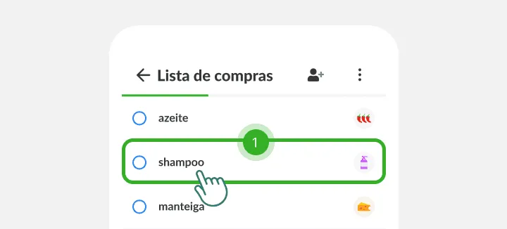 Um dedo toca no item shampoo entre azeite e manteiga em uma lista de compras