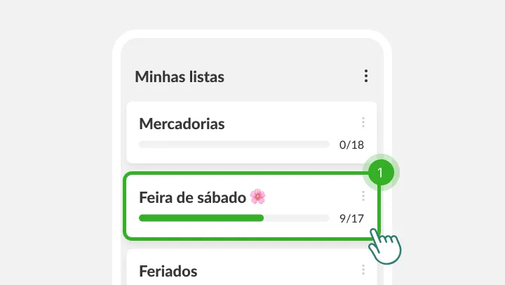 Tela Minhas listas com a lista Feira de sábado em destaque sob um dedo tocando