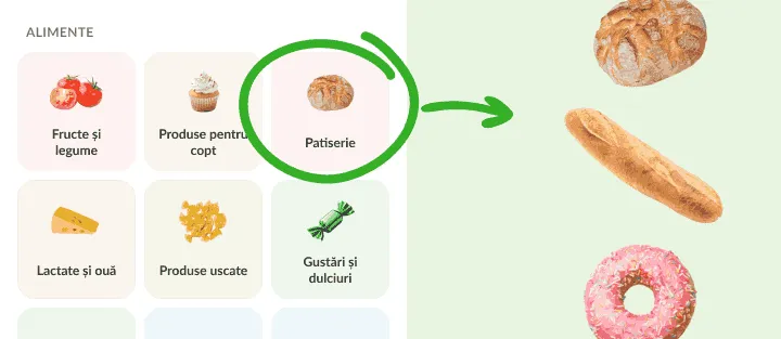 Grilă de categorii cu Patiserie încercuită, lângă pâine, baghetă și gogoașă
