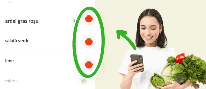 Femeie cu legume și telefon, lângă articole cu aceeași iconiță de legume