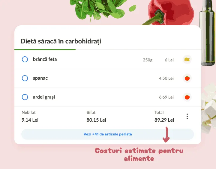 Listă săracă în carbohidrați: feta, spanac, ardei, prețuri și total estimat