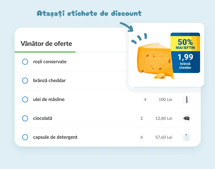 Brânză cheddar pe lista de oferte, cu poza etichetei de la jumătate de preț