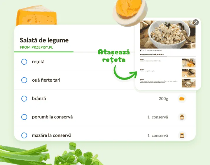 Listă pentru salată cu ouă, brânză, porumb și mazăre și previzualizarea rețetei