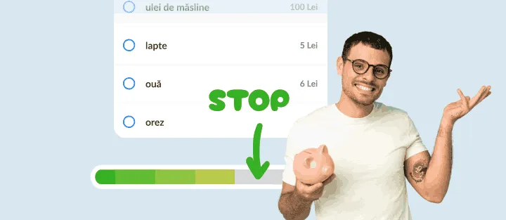 Bărbat zâmbitor cu pușculiță lângă o listă și o bară de cheltuieli aproape plină