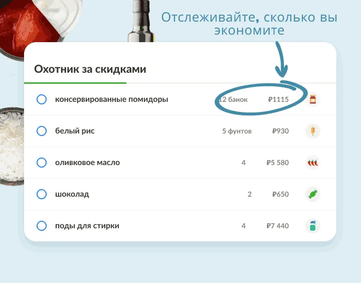Список оптовых покупок, например 12 банок помидоров и 5 фунтов риса, с ценами