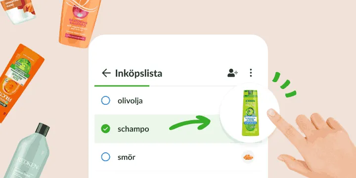 Inköpslista där ett avbockat schampo öppnar ett foto av exakt rätt flaska