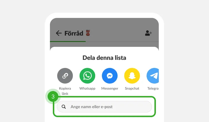 Delningsmeny med ikoner för chattappar och ett sökfält för namn eller e-post