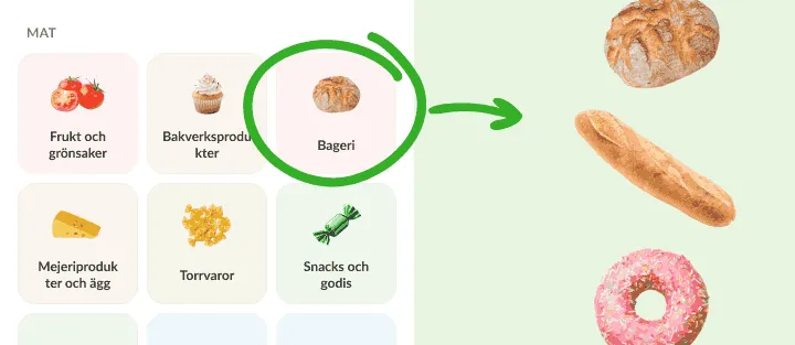 Matkategorier där Bageri är inringat, bredvid bröd, en baguette och en munk