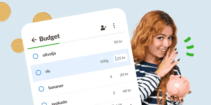 Leende kvinna med en spargris bredvid en budgetlista med priser på varorna