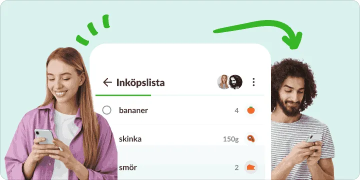 En kvinna och en man med sina mobiler och en inköpslista som de delar