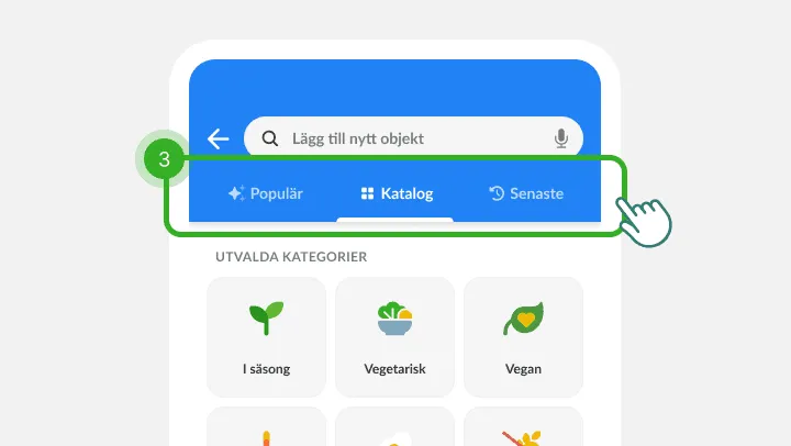 Sökskärm för varor med de tre flikarna som steg tre, ovanför kategorierna