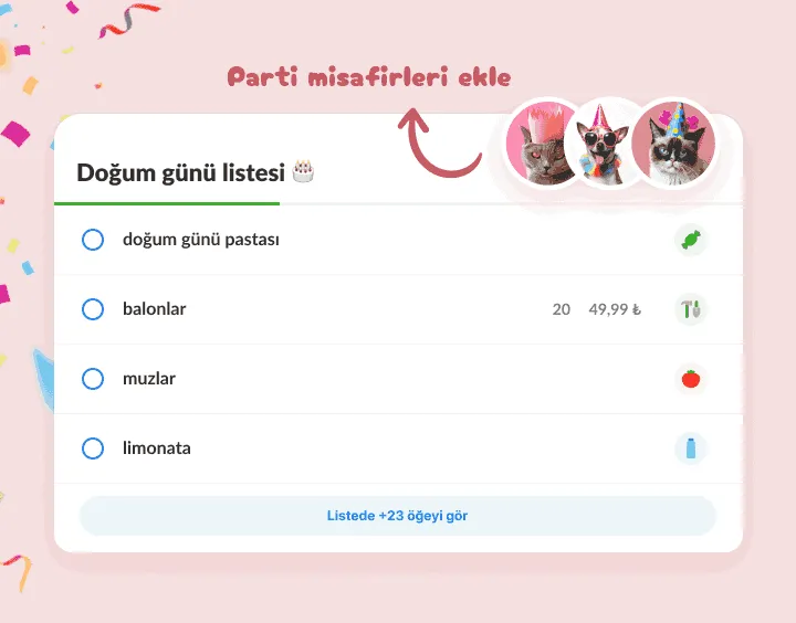 Pasta, balon ve limonatalı doğum günü listesi, konuklar parti şapkalı kediler