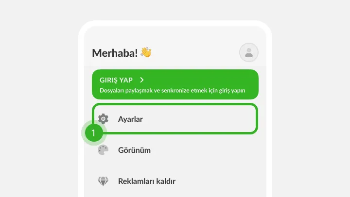 Giriş bantlı profil menüsü, dişli simgeli satır birinci adım olarak işaretli
