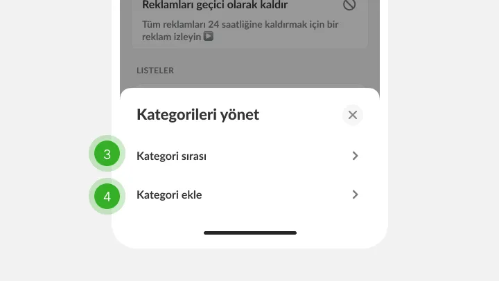 Kategori sırası ve ekleme seçenekli panel, üçüncü ve dördüncü adım işaretli