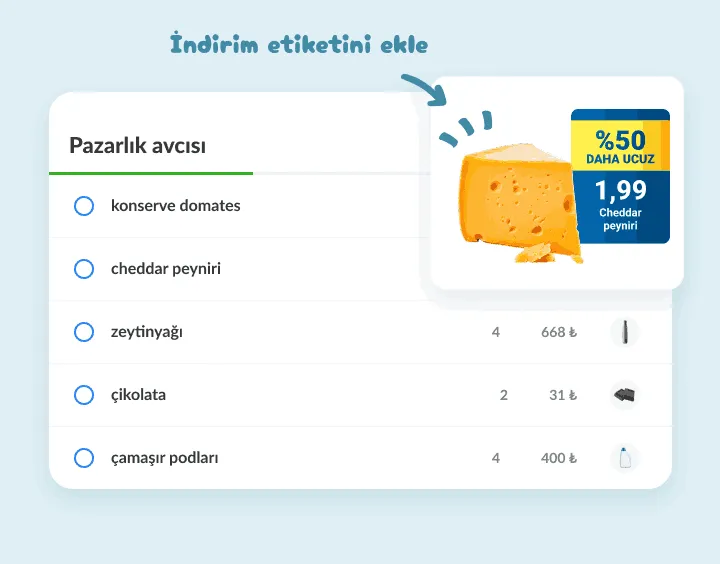 Fırsat listesinde cheddar peyniri, yarı fiyat mağaza etiketinin fotoğrafı ekli