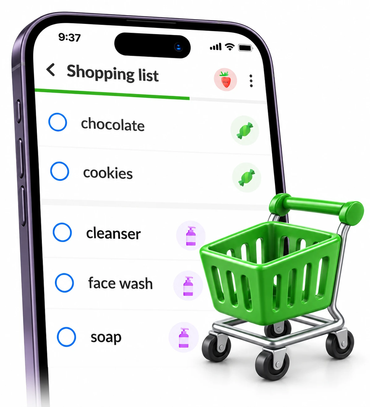 Listonic aisle groups beside a green shopping cart