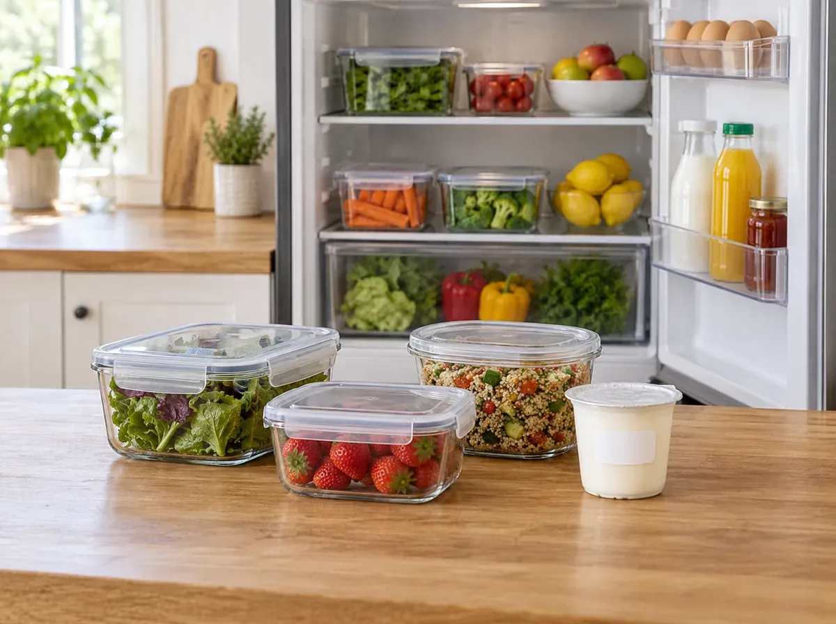 An organized open fridge beside sealed food containers on a counter