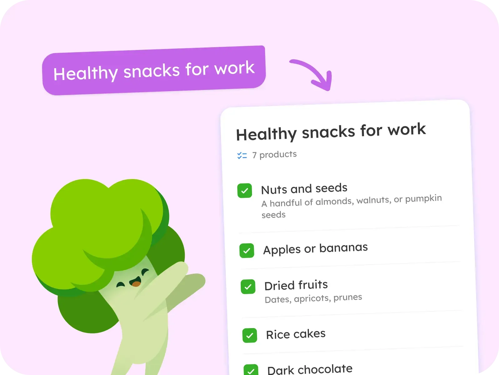 The assistant turning Healthy snacks for work into a list