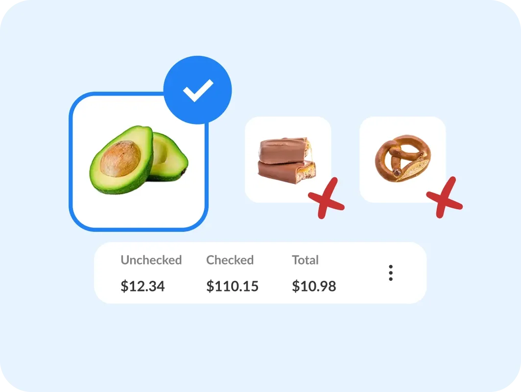 An avocado ticked on the list and two snacks crossed out