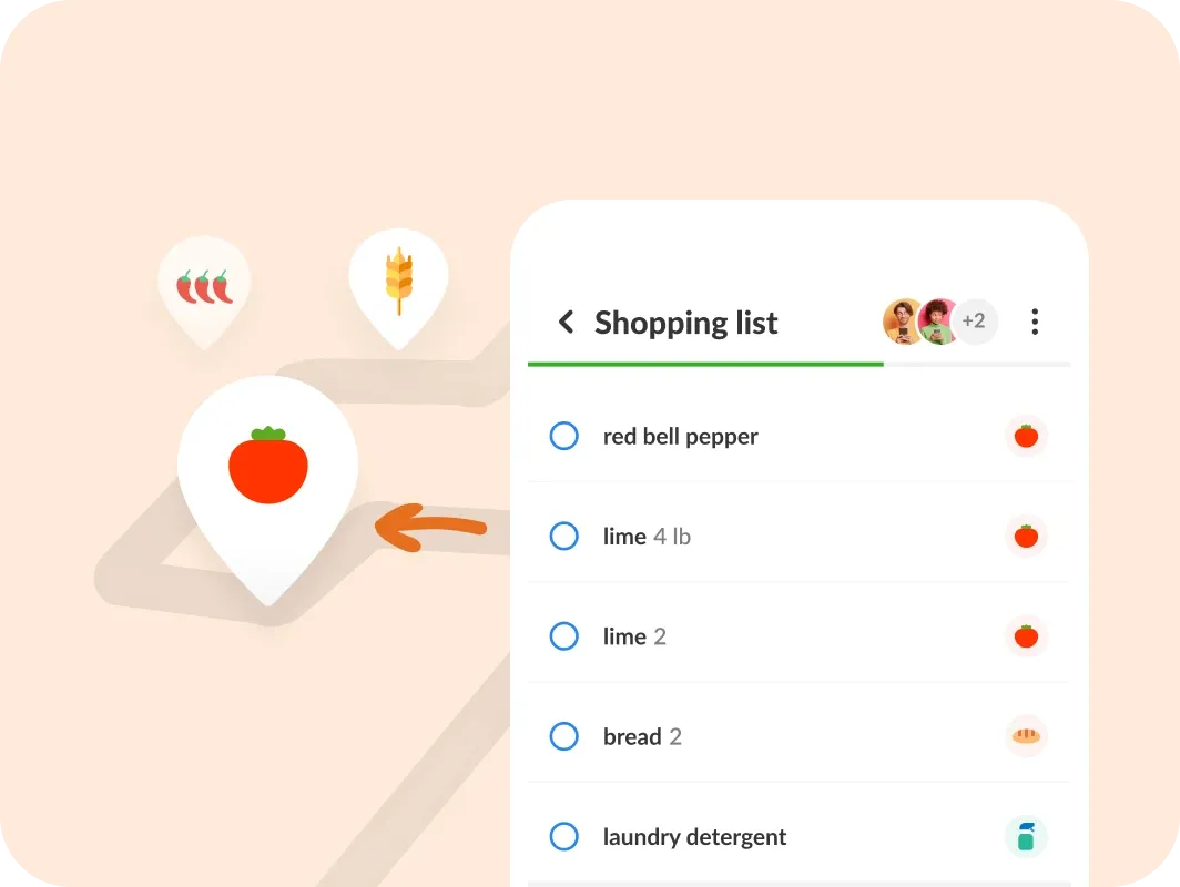 A grocery list beside a store route with a pin for each aisle
