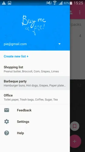 Buy Me a Pie!’s menu drawer with Shopping list, Barbeque party and Office