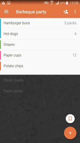 Buy Me a Pie!’s “Barbeque party” list with color-coded category tags