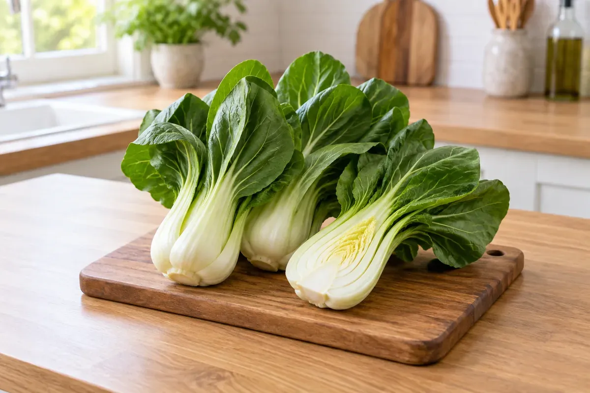 Heads of bok choy on a board, one cut in half lengthwise