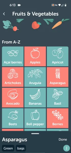 Bring!’s Fruits & Vegetables catalog browsed A-Z, shown as icon tiles