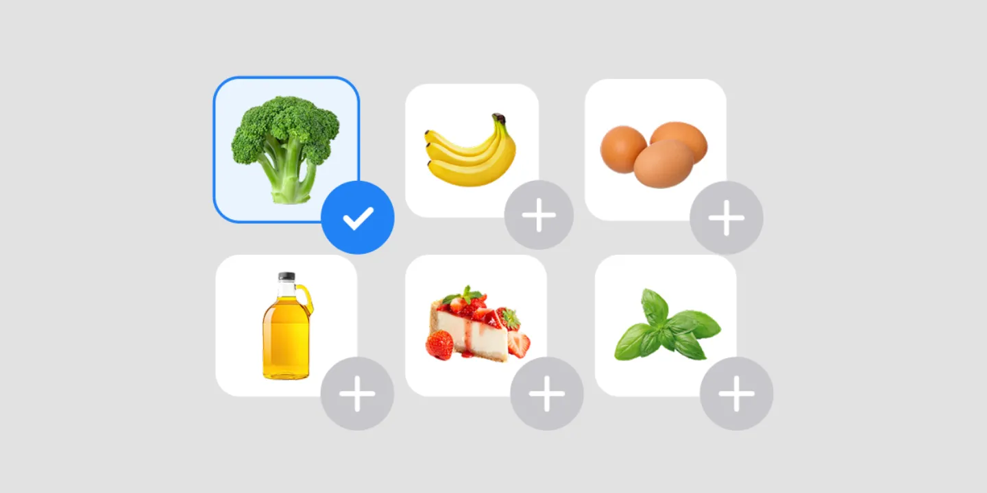 Listonic product catalog as a grid of photos, each with a button to add it