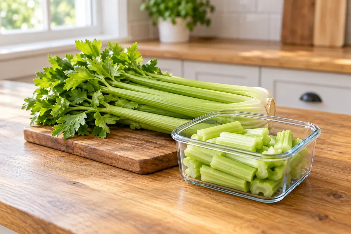 A bunch of celery on a board beside cut celery in a glass container